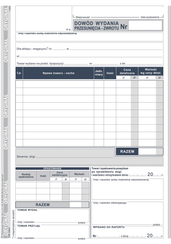 Ak dowód wydania przesunięcia zwrot 316-3