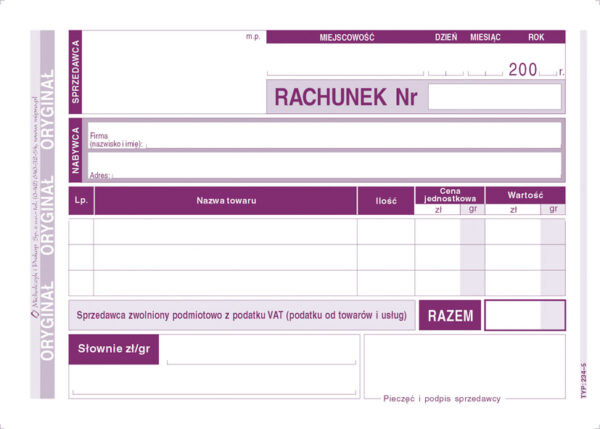 Ak rachunek dla zwolnionych podmiotowo z Vat 234-5